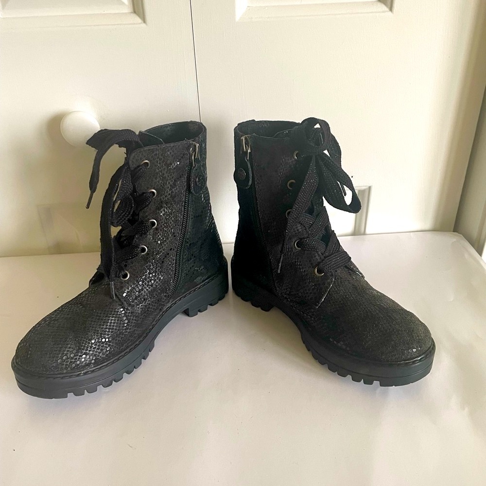 GIOSEPPO Girls Black Leather Combat Boots 1/32 EUC